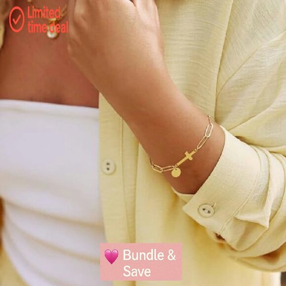 14K Gold-Plated Dainty Initial Cross Bracelet, Adjustable Paperclip Chain - Picture 3 of 8